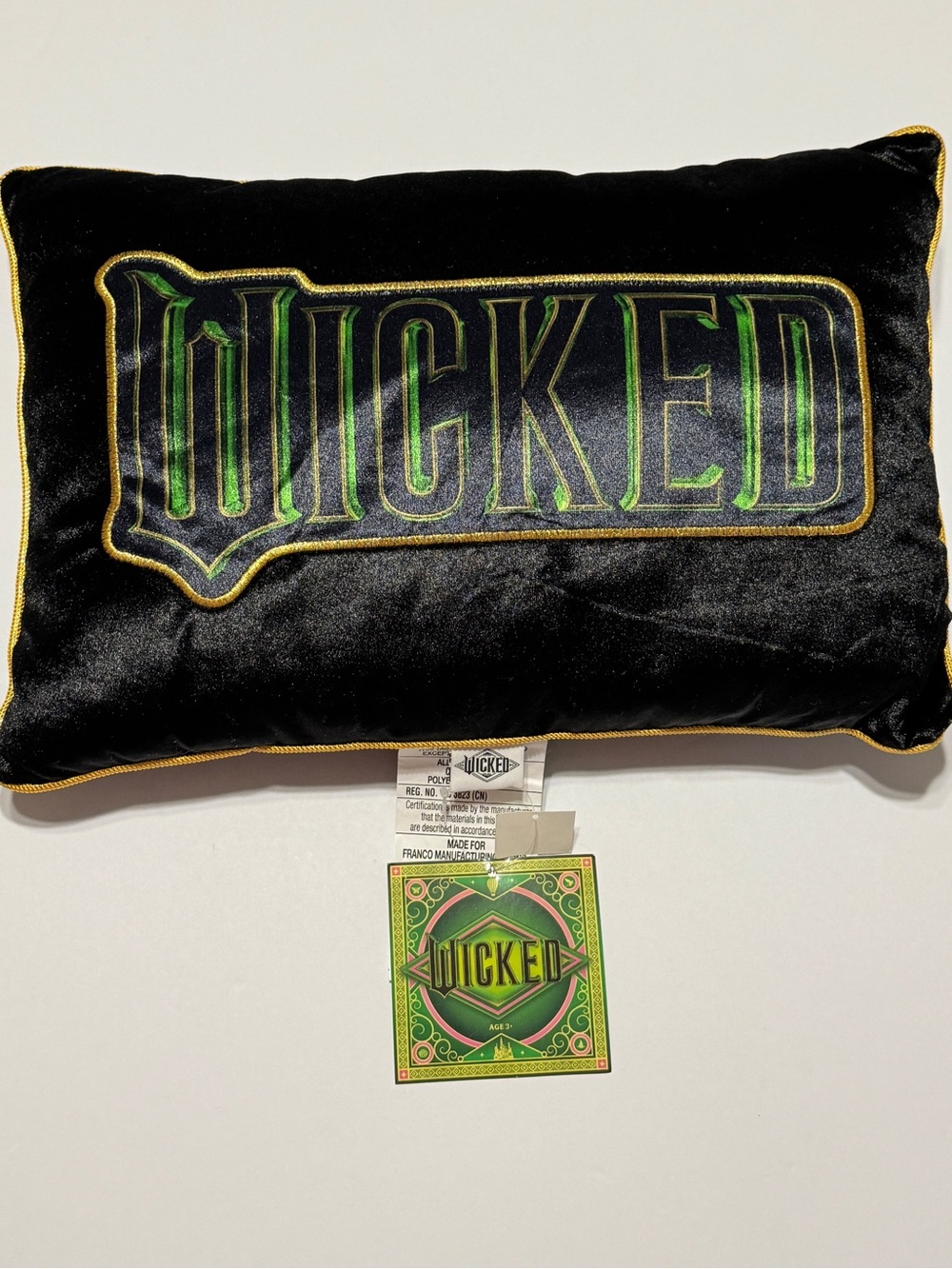 Wicked Logo Velvet Accent Pillow - Black with Green and Gold Trim